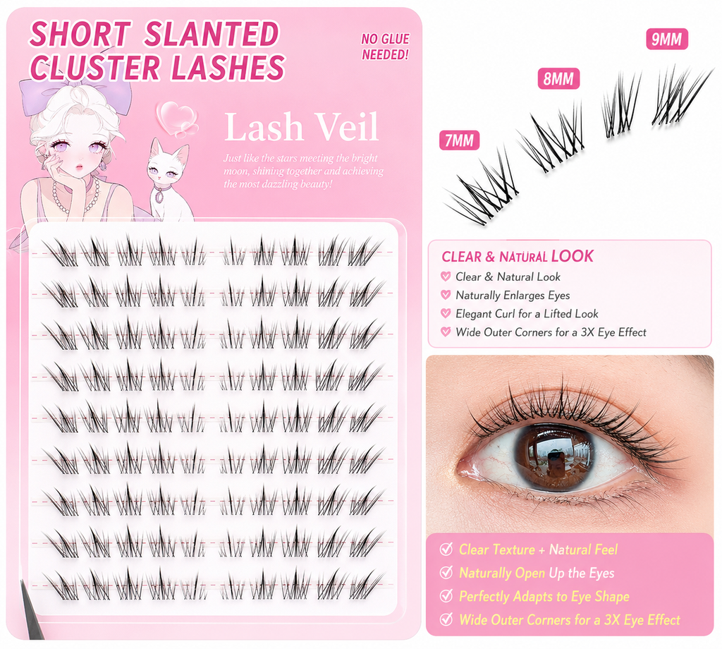 Lash Veil No-Glue Cluster Lashes | Rabbit-Fur Short Slanted False Eyelashes | 7mm/8mm/9mm Natural Look