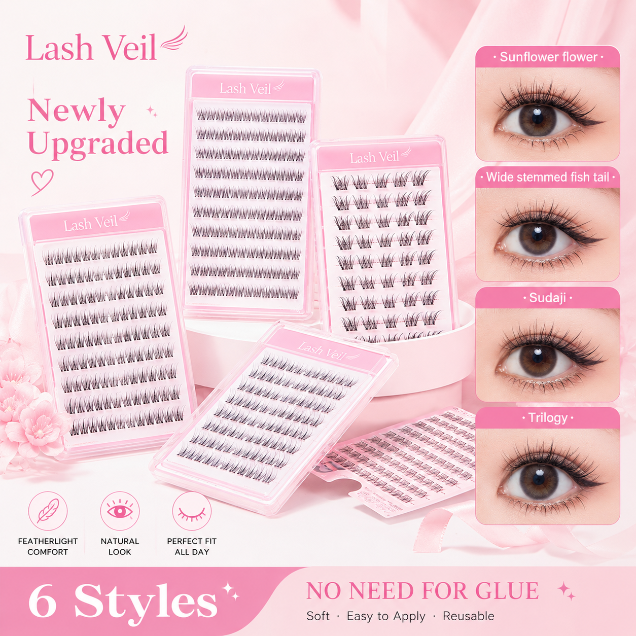 Lash Veil Cluster Lashes 120D – No Glue Needed | 6 Styles DIY Lash Extensions | Featherlight C Curl Individual Lashes 10-12mm
