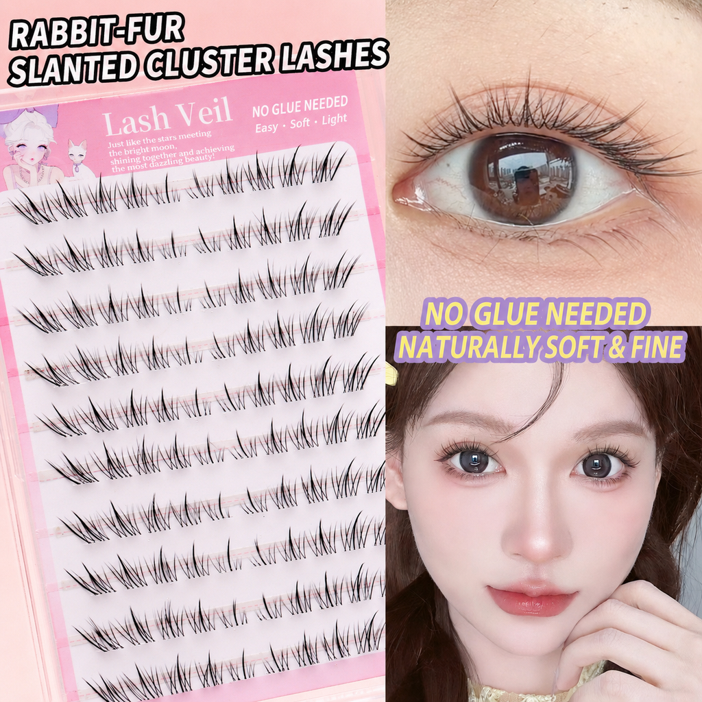 Lash Veil No-Glue Cluster Lashes | Rabbit-Fur Short Slanted False Eyelashes | 7mm/8mm/9mm Natural Look
